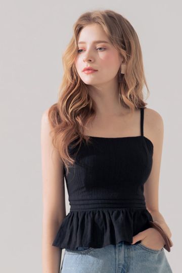 Thin Strap Pinstripe Ruffle Top