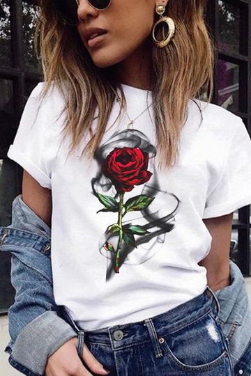 Casual printed black rose T-shirt