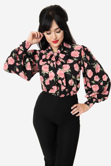 Unique Vintage Black & Pink Floral Neck Tie Gwen Blouse
