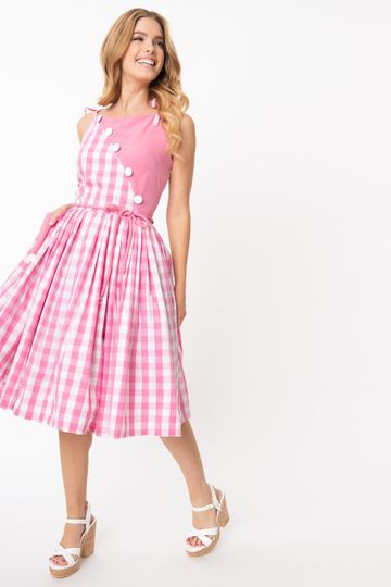 Unique Vintage 1950s Light Pink & White Gingham Hamilton Swing Dress