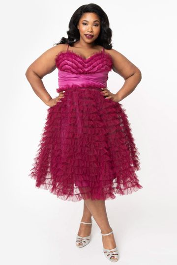 Unique Vintage Plus Size 1950s Berry Ruffled Cupcake Swing Dress