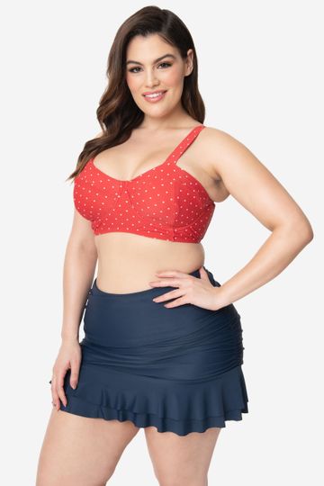 Unique Vintage Plus Size 1950s Style Red & White Pin Dot Marlene Crop Swim Top