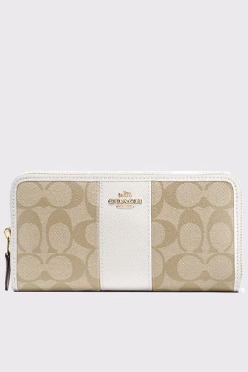 Coach Accordion Zip Wallet In Signature Coated Canvas With Leather Stripe