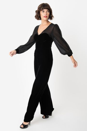 Collectif Black Velvet Long Sleeve Arionna Jumpsuit