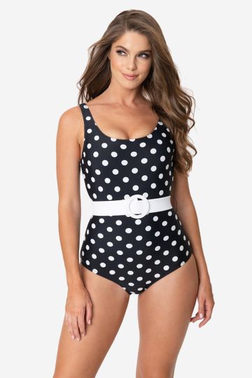 Unique Vintage Black & White Polka Dot Belted Huntington Swimsuit