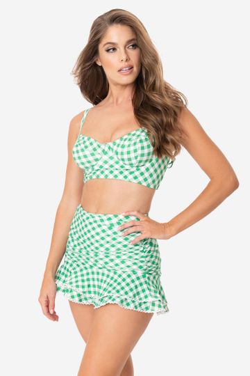 Unique Vintage 1950s Style Green & White Gingham Marlene Crop Swim Top