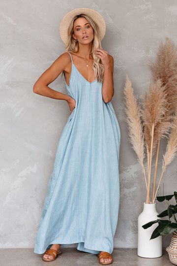 Giselle Tencel Pocketed Olivian Maxi Dress - Light Blue