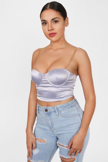 Lilac Gold Chain Strap Satin Bustier Crop Top