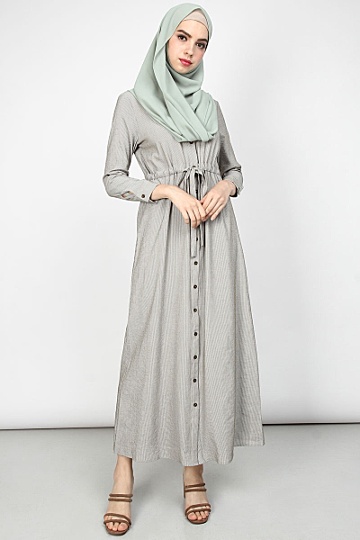 Tyannah Front Button Drawstring Dress - Olive Green Stripe