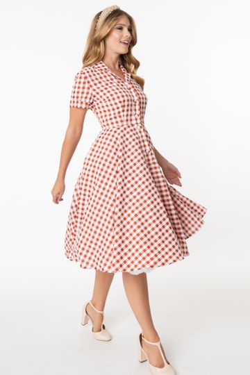 1950s Rust Red & White Gingham Caterina Swing Dress
