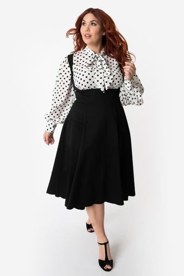 Unique Vintage Plus Size 1950s Black High Waisted Amma Suspender Swing Skirt