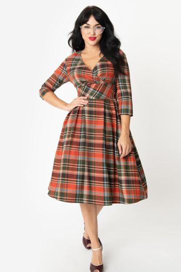 Hell Bunny 1950s Style Orange & Green Plaid Oktober Swing Dress