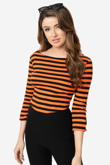 Unique Vintage Black & Orange Stripe Knit Three-Quarter Sleeve Gracie Top