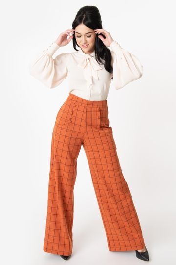 Unique Vintage 1940s Orange Windowpane High Waist Ginger Pants