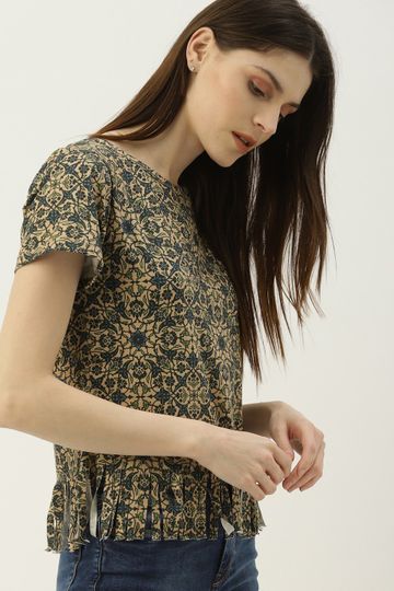 Printed Round Tee With  Fringes At Hem