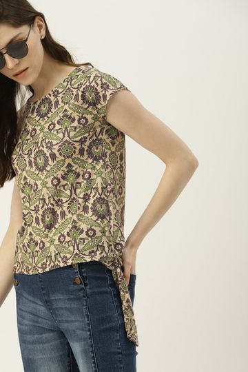 All Over Printed Round Neck Tee With Waist Tie