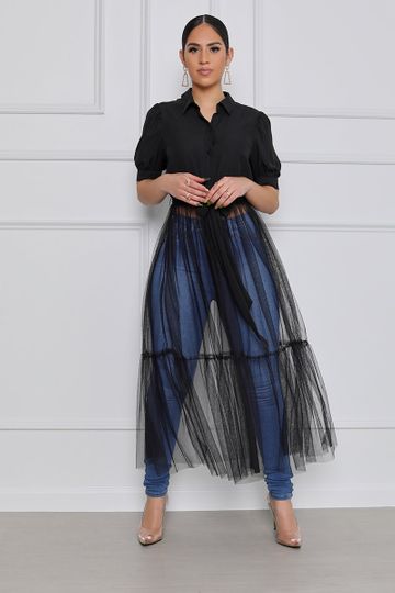 Button Up Tulle Top (Black)